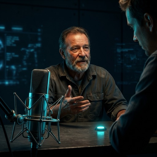 Interview studio setup with interviewer and recorder